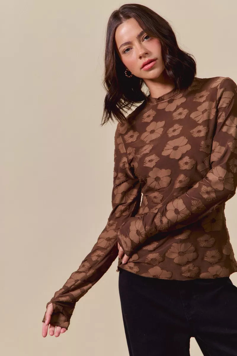 Styled outfit view of the BROWN Women's Elegant SO ME Stretched Jacquard Casual Tops with Thumb Opening for Everyday Boutique Styling, styled with polished boutique styling for day-to-night outfits, made for women who want easy layering.