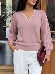 Neckline detail of the Pink V-Neck Openwork Long Sleeve Sweater, styled with polished boutique styling for day-to-night outfits, made for women who want easy layering.