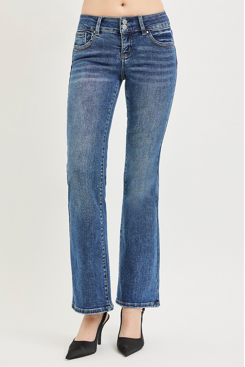Front view of the MEDIUM RISEN Tummy Control Low Rise Bootcut Jeans, styled with polished boutique styling for day-to-night outfits, made for women who want easy layering.