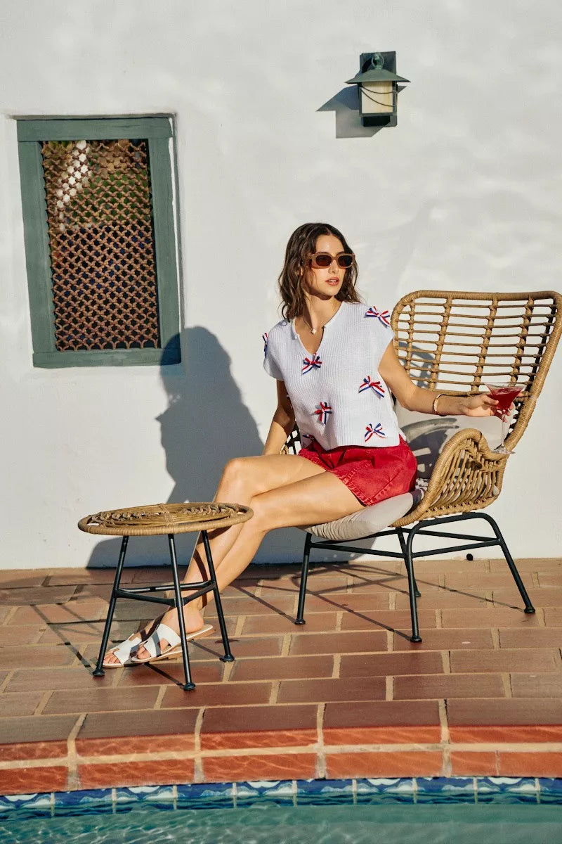 Back view of the OFF WHITE SO ME 4th Of July Ribbon Trimmed Dolman Sweater Top, styled with polished boutique styling for day-to-night outfits, made for women who want easy layering.