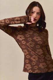 Side view of the BROWN Women's Elegant SO ME Stretched Jacquard Casual Tops with Thumb Opening for Everyday Boutique Styling, styled with polished boutique styling for day-to-night outfits, made for women who want easy layering.