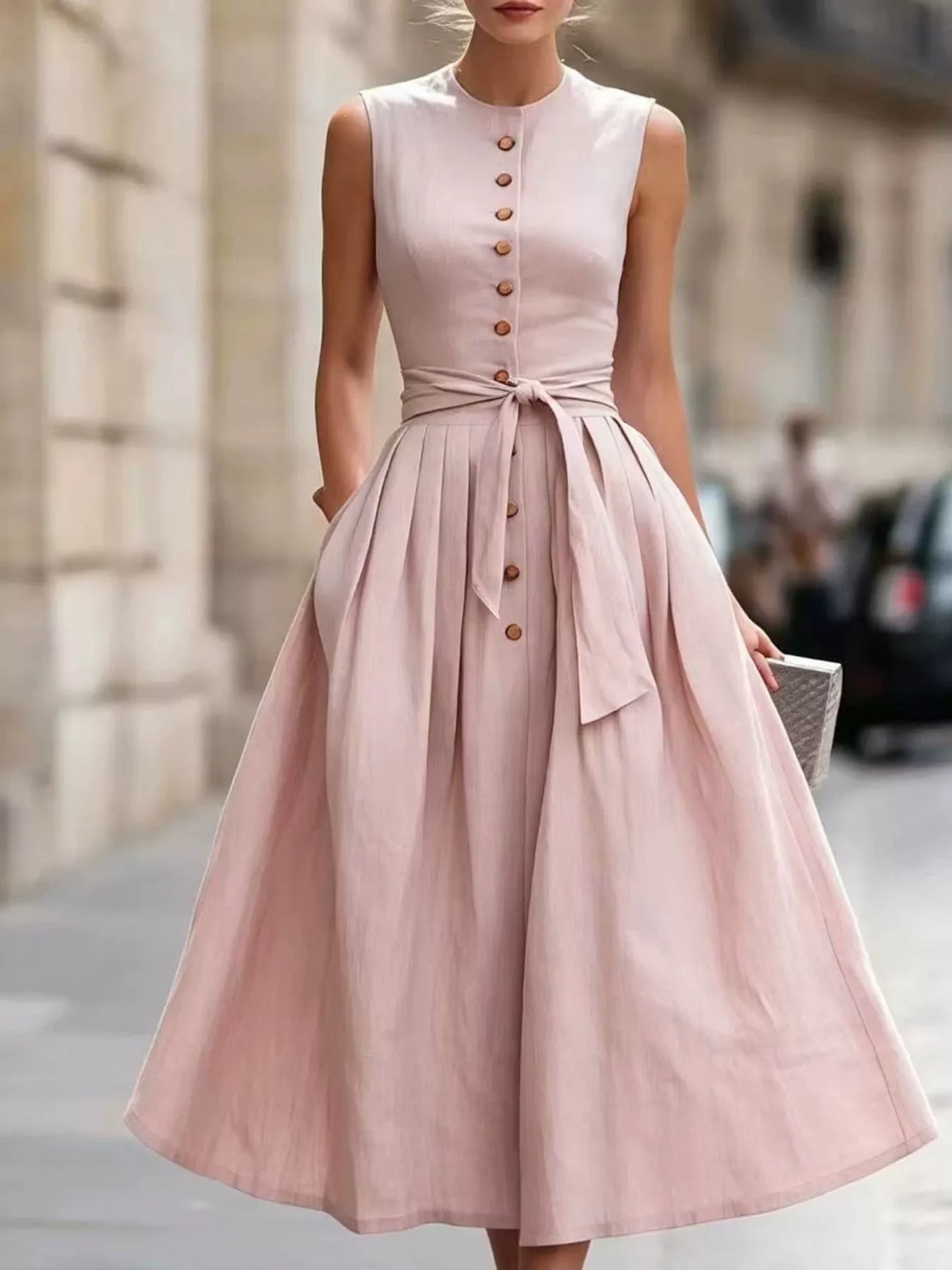 Fabric detail of the Peach Color Full Size Sleeveless Button-Front Belted Midi Dress Plus Size, styled with feminine boutique styling for dinners, travel, and events, made for women who want elegant styling.