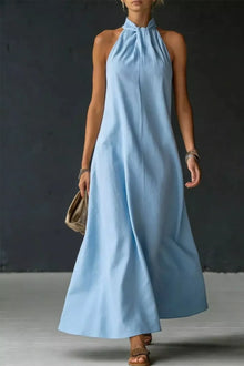 Bundle outfit view of the Light Blue Women's Elegant Halter Neck Sleeveless Maxi Dress for Wedding Guest & Evening Wear, styled with feminine boutique styling for dinners, travel, and events, made for women who want elegant styling.