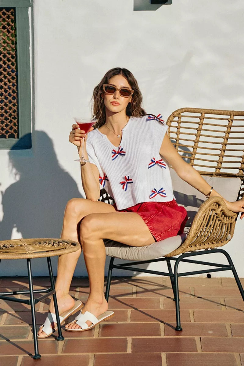 Front view of the OFF WHITE Women's Elegant SO ME 4th Of July Top for Layering & Everyday Outfits, styled with polished boutique styling for day-to-night outfits, made for women who want easy layering.