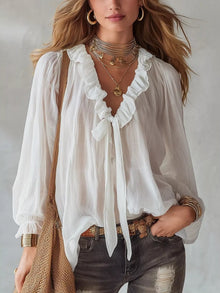 Bundle outfit view of the White Women's Elegant Ruffle Long Sleeve Blouse for Layering & Everyday Outfits, styled with polished boutique styling for day-to-night outfits, made for women who want easy layering.