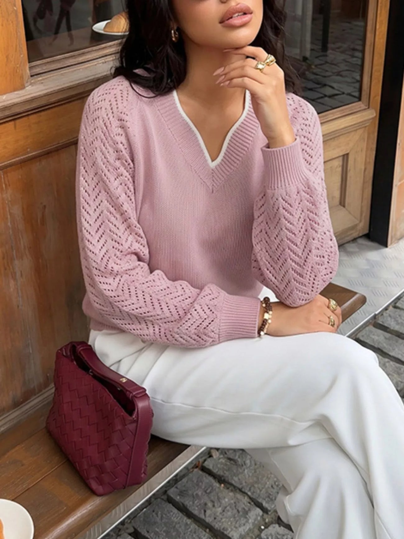 Back view of the Pink V-Neck Openwork Long Sleeve Sweater, styled with polished boutique styling for day-to-night outfits, made for women who want easy layering.