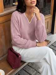 Back view of the Pink V-Neck Openwork Long Sleeve Sweater, styled with polished boutique styling for day-to-night outfits, made for women who want easy layering.