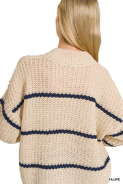 Styled outfit view of the TAUPE Zenana Oversize Striped Sweater, styled with polished boutique styling for day-to-night outfits, made for women who want easy layering.