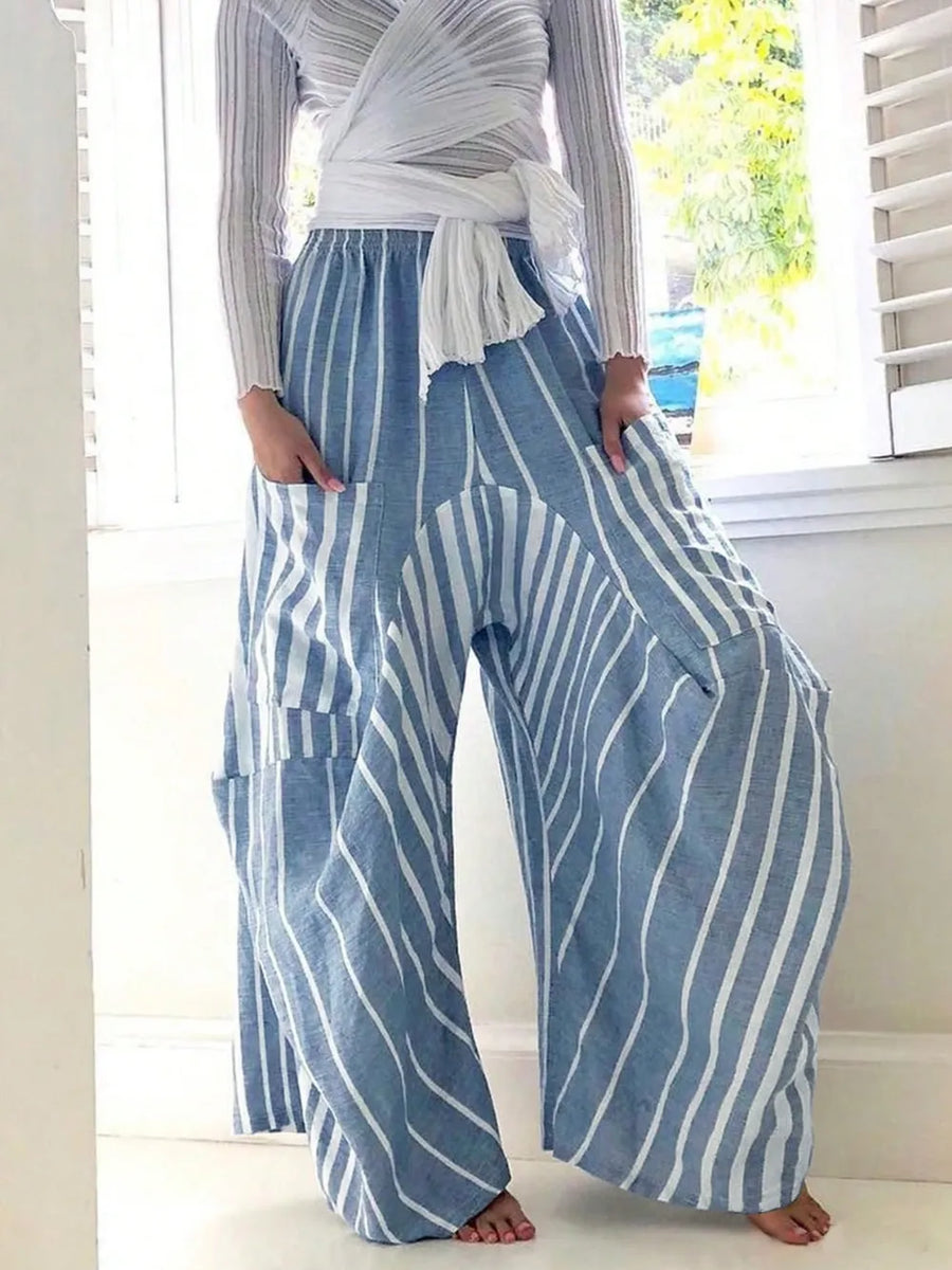 Front view of the Light Blue Striped Elastic Waist Wide Leg Pants, styled with polished comfort for work, travel, and everyday wear, made for women who want repeat outfit options.