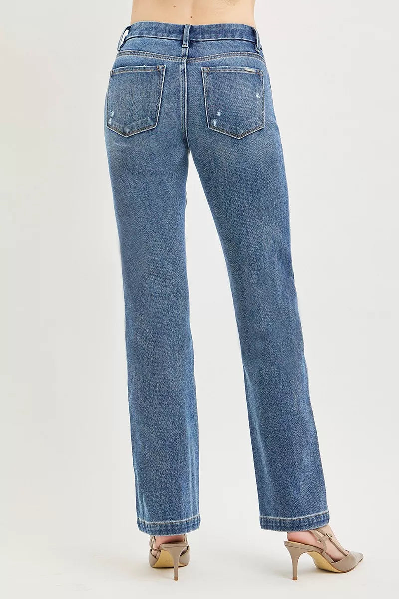 Styled outfit view of the Medium RISEN Tummy Control 4way Stretch Mid Rise Straight Crease Line, styled with polished boutique styling for day-to-night outfits, made for women who want easy layering.