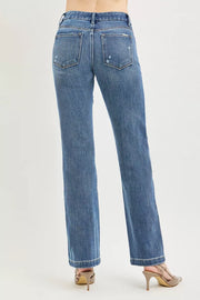 Styled outfit view of the Medium RISEN Tummy Control 4way Stretch Mid Rise Straight Crease Line, styled with polished boutique styling for day-to-night outfits, made for women who want easy layering.