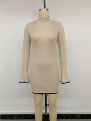 Styled outfit view of the Khaki Ribbed Mock Neck Flare Sleeve Sweater Dress, styled with feminine boutique styling for dinners, travel, and events, made for women who want elegant styling.