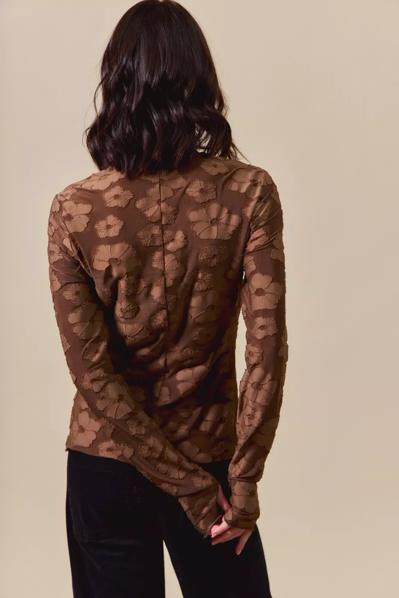 Back view of the BROWN Women's Elegant SO ME Stretched Jacquard Casual Tops with Thumb Opening for Everyday Boutique Styling, styled with polished boutique styling for day-to-night outfits, made for women who want easy layering.
