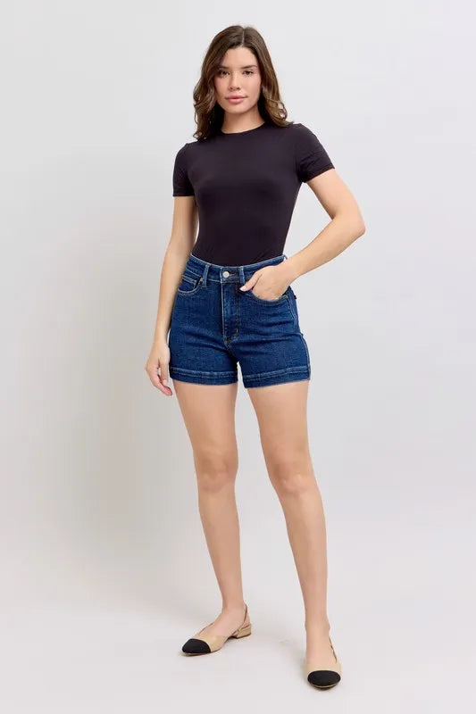 Front view of the DK Judy Blue Full Size High Waist Tummy Control Denim Shorts Plus Size, styled with polished comfort for work, travel, and everyday wear, made for women who want repeat outfit options.