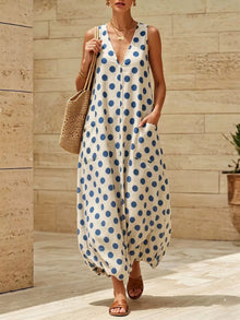 Bundle outfit view of the White Women's Elegant Polka Dot V Neck Sleeveless Maxi Dress for Wedding Guest & Evening Wear, styled with feminine boutique styling for dinners, travel, and events, made for women who want elegant styling.