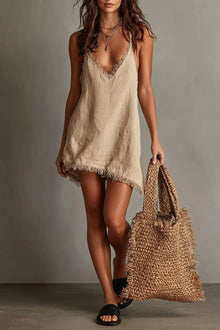 Bundle outfit view of the Beige Women's Elegant Full Size Fringe V Neck Dress for Wedding Guest & Evening Wear, styled with feminine boutique styling for dinners, travel, and events, made for women who want elegant styling.