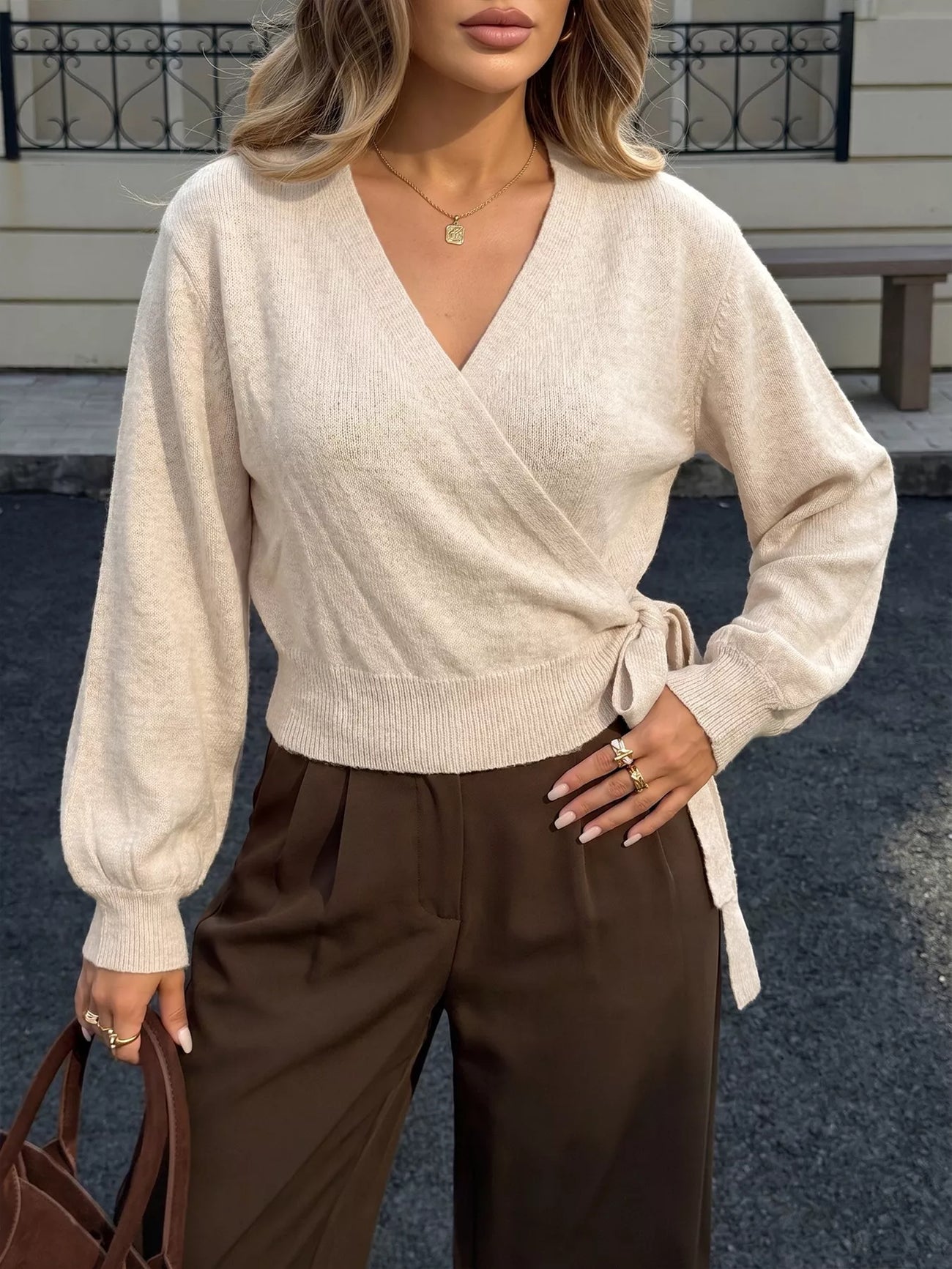 Back view of the Apricot Tied Surplice Long Sleeve Sweater, styled with polished boutique styling for day-to-night outfits, made for women who want easy layering.
