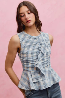 Bundle outfit view of the BLUE Women's Elegant So Me Plaid Sleeveless Ruffle Top for Layering & Everyday Outfits, styled with polished boutique styling for day-to-night outfits, made for women who want easy layering.