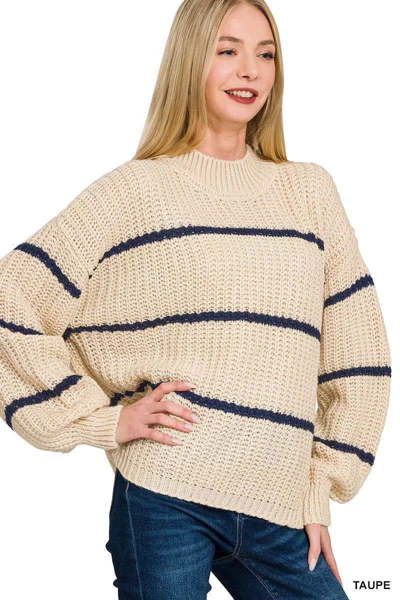 Front view of the TAUPE Women's Elegant Zenana Oversize Striped Sweater for Everyday Boutique Styling, styled with polished boutique styling for day-to-night outfits, made for women who want easy layering.