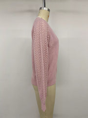 Fabric detail of the Pink V-Neck Openwork Long Sleeve Sweater, styled with polished boutique styling for day-to-night outfits, made for women who want easy layering.