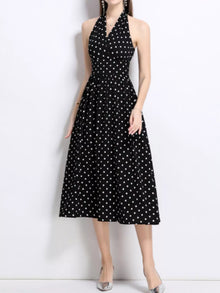 Bundle outfit view of the Black Women's Elegant Polka Dot Halter Neck Midi Dress for Wedding Guest & Evening Wear, styled with feminine boutique styling for dinners, travel, and events, made for women who want elegant styling.
