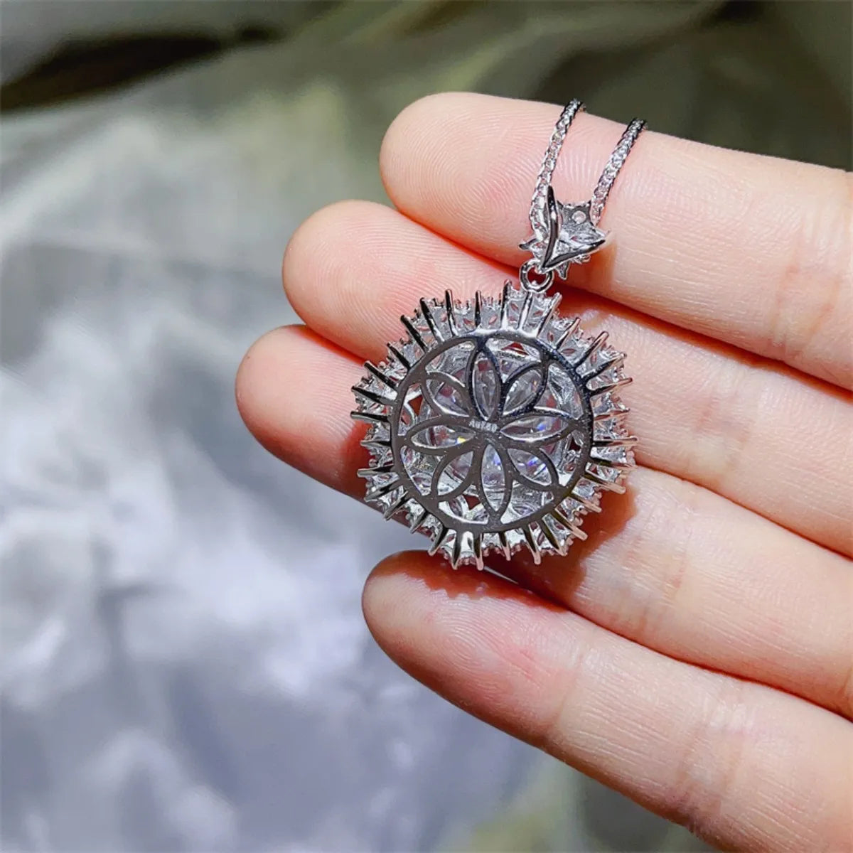 Shine detail of the White Women's Lace Silver Minimalist 10 Carat Moissanite 925 Sterling Necklace for Everyday Styling & Gifting, styled with layered jewelry for everyday styling and gifting, made for women who want refined neckline detail.