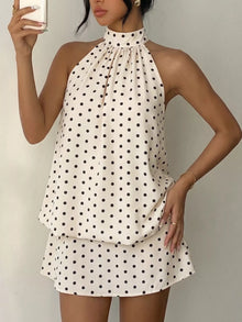 Bundle outfit view of the Apricot Women's Elegant Polka Dot Halter Neck Mini Dress for Wedding Guest & Evening Wear, styled with feminine boutique styling for dinners, travel, and events, made for women who want elegant styling.