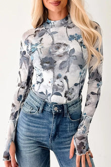 Bundle outfit view of the Dark Gray Women's Elegant Floral Mesh High Neck Long Sleeve Top for Layering & Everyday Outfits, styled with polished boutique styling for day-to-night outfits, made for women who want easy layering.