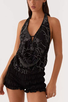 Bundle outfit view of the Black Women's Elegant Bead Embellished Halter Neck Tank Top for Layering & Everyday Outfits, styled with polished boutique styling for day-to-night outfits, made for women who want easy layering.