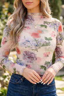 Bundle outfit view of the Women's Elegant Floral Mesh Long Sleeve Thumbhole Hem Top for Layering & Everyday Outfits, styled with polished boutique styling for day-to-night outfits, made for women who want easy layering.