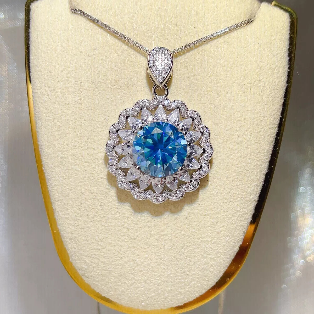 Chain detail of the Royal Blue 5 Carat 925 Sterling Silver Moissanite Pendant Necklace, styled with layered jewelry for everyday styling and gifting, made for women who want refined neckline detail.