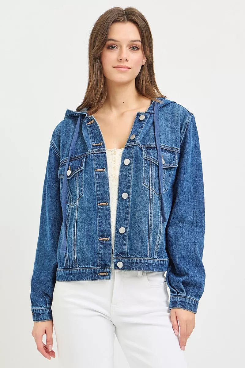 Front view of the MEDIUM Women's Elegant Denim RISEN Basic Denim Jacket with Hoodie for Everyday Boutique Styling, styled with polished boutique styling for day-to-night outfits, made for women who want easy layering.