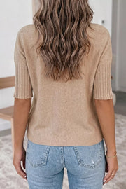 Side view of the Taupe Ribbed Trim High Neck Short Sleeve Casual Sweater, styled with polished comfort for work, travel, and everyday wear, made for women who want repeat outfit options.