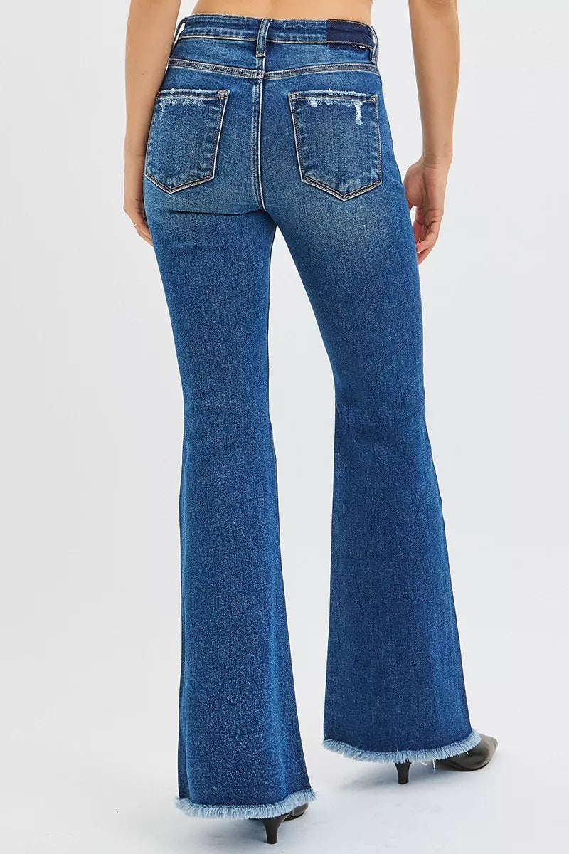 Styled outfit view of the DARK RISEN High Rise Flare Jeans, styled with polished boutique styling for day-to-night outfits, made for women who want easy layering.