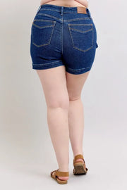 Back view of the DK Judy Blue Full Size High Waist Tummy Control Denim Shorts Plus Size, styled with polished comfort for work, travel, and everyday wear, made for women who want repeat outfit options.