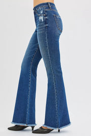 Neckline detail of the DARK RISEN High Rise Flare Jeans, styled with polished boutique styling for day-to-night outfits, made for women who want easy layering.
