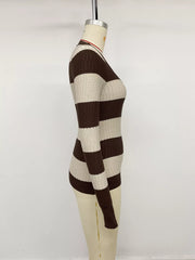 Side view of the Coffee Brown Striped V-Neck Knit Top, styled with polished boutique styling for day-to-night outfits, made for women who want easy layering.